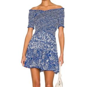 NWT Poupette St Barth Soledad Mini Dress Smocking Blue Antibes Size Medium